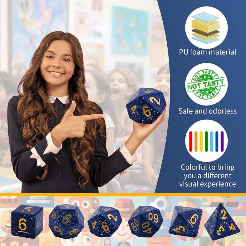 Arrowbash 6 Pcs Jumbo Polyhedra Dice 3.94 Inch Jumbo Foam Polyhedral Dice 6 Set 4, 6, 8, 10, 12 Sides Gifts for Games Teach Numbers Addition Subtraction Probability Learning(Starry Sky Blue) - Image 3